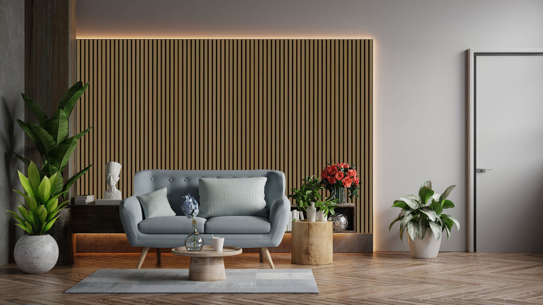 Acoustic Veneer Wall Panel in Teak with Black Backing 2400MM x 600MM with 26MM Slat