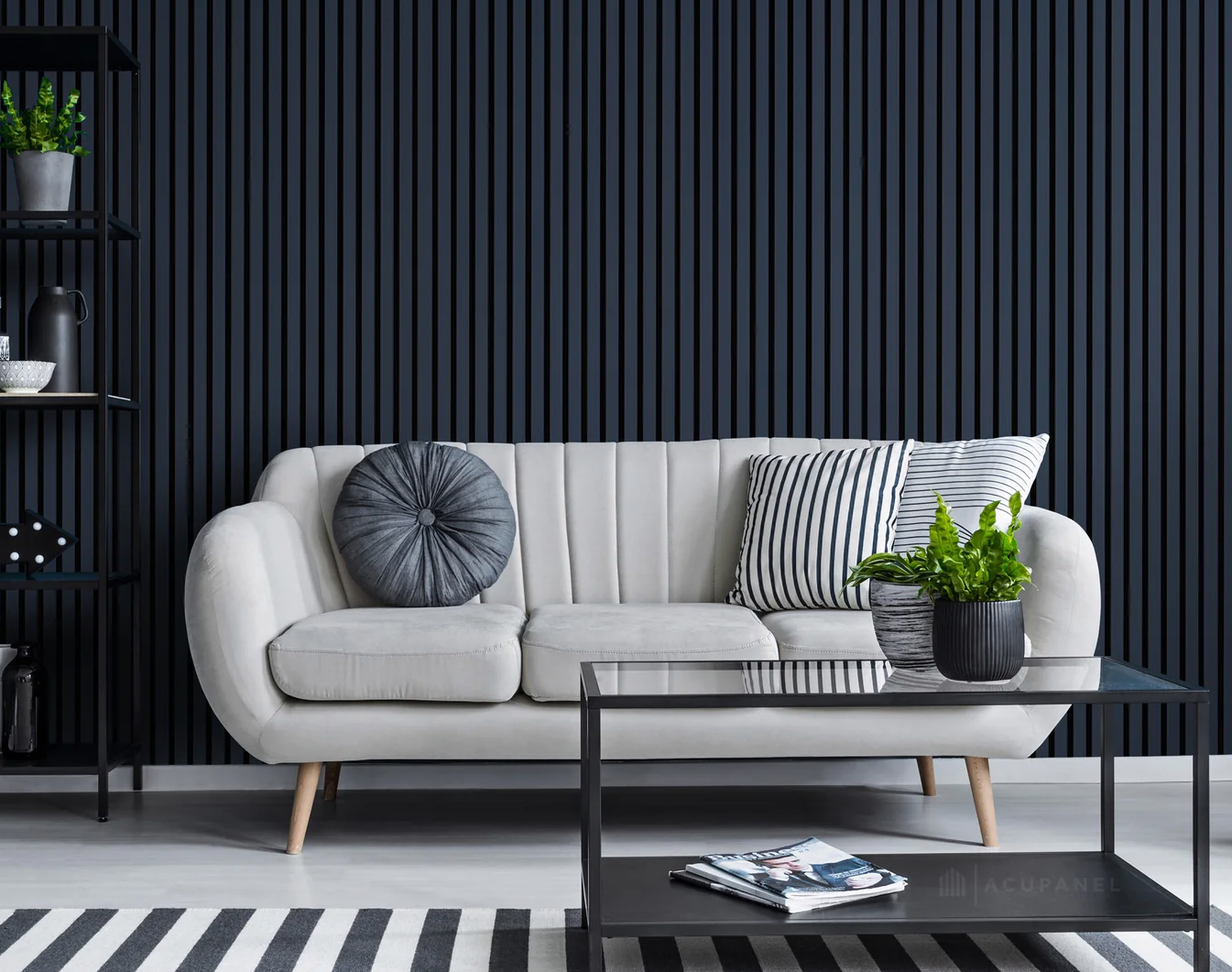 Acoustic Veneer Wall Panel in Midnight Blue with Black Backing 2400MM x 600MM with 35MM Slat