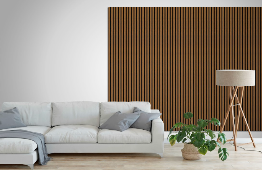 Acoustic Veneer Wall Panel in Teak with Black Backing 2400MM x 600MM with 26MM Slat