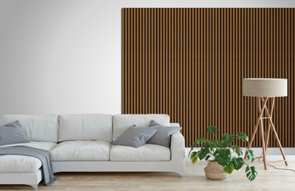 Acoustic Veneer Wall Panel in Teak with Black Backing 2400MM x 600MM with 35MM Slat