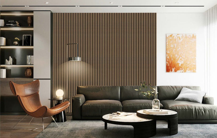 Acoustic Veneer Wall Panel in Walnut with Black Backing 2400MM x 600MM with 26MM Slat