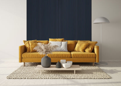 Acoustic Veneer Wall Panel in Midnight Blue with Black Backing 2400MM x 600MM with 35MM Slat